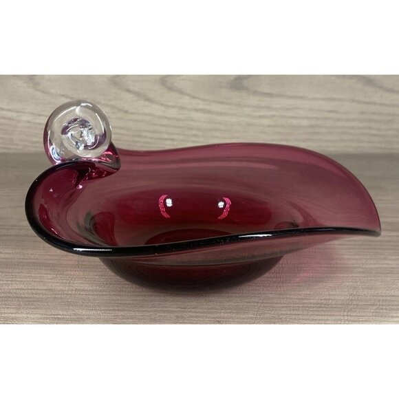 Pilgrim Cranberry Art Blown Glass Bowl Nappy Candy Dish Clear Spiral Handle - Picture 6 of 9